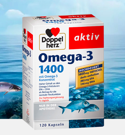 Doppelherz 双心 Omega-3高浓缩深海鱼油1400mg胶囊120粒， 降至€14.9（约116元）叠加满减
