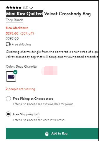 Tory Burch Kira Velvet天鹅绒mini链条包， 7折$278.6