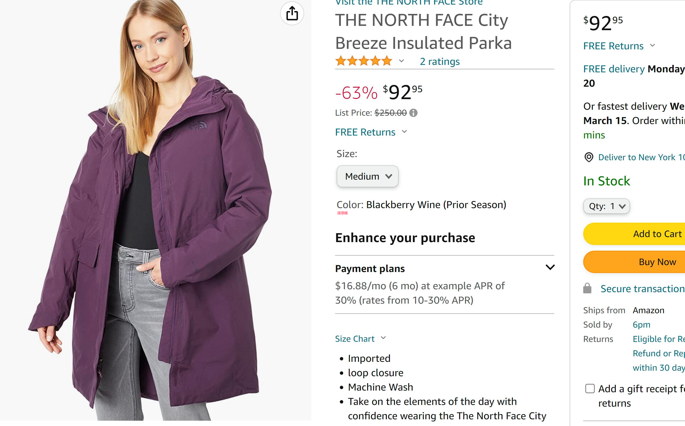 The North Face City Breeze Insulated女士北面派克大衣, 3.7折$92.95