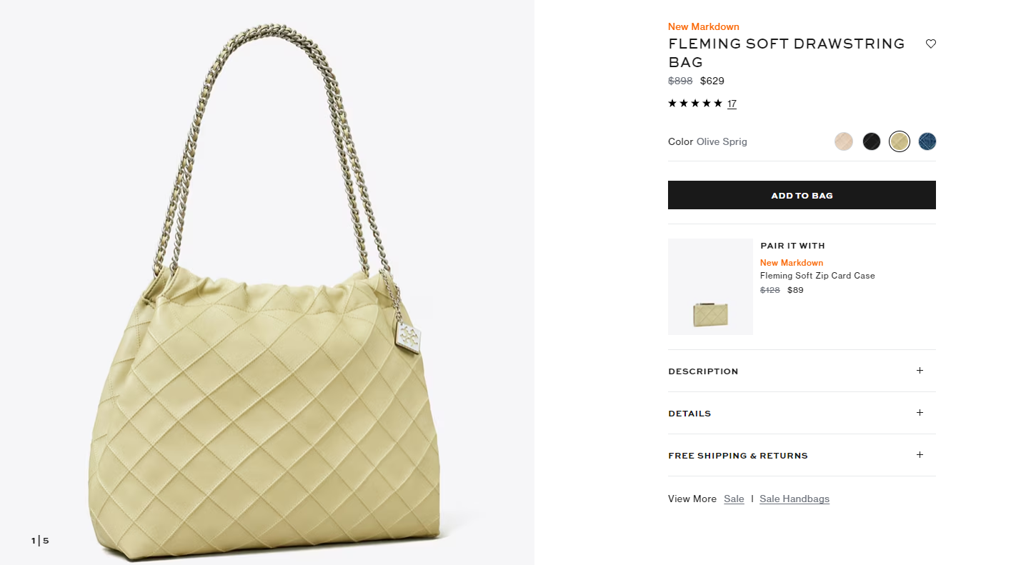张艺凡同款！Tory Burch FLEMING SOFT DRAWSTRING橄榄绿色抽绳包，7折$629