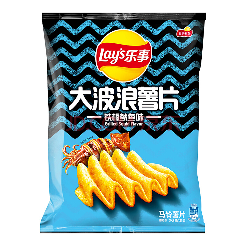 Lay's 乐事 大波浪薯片 铁板鱿鱼味 135g 8元，可优惠至3.6元