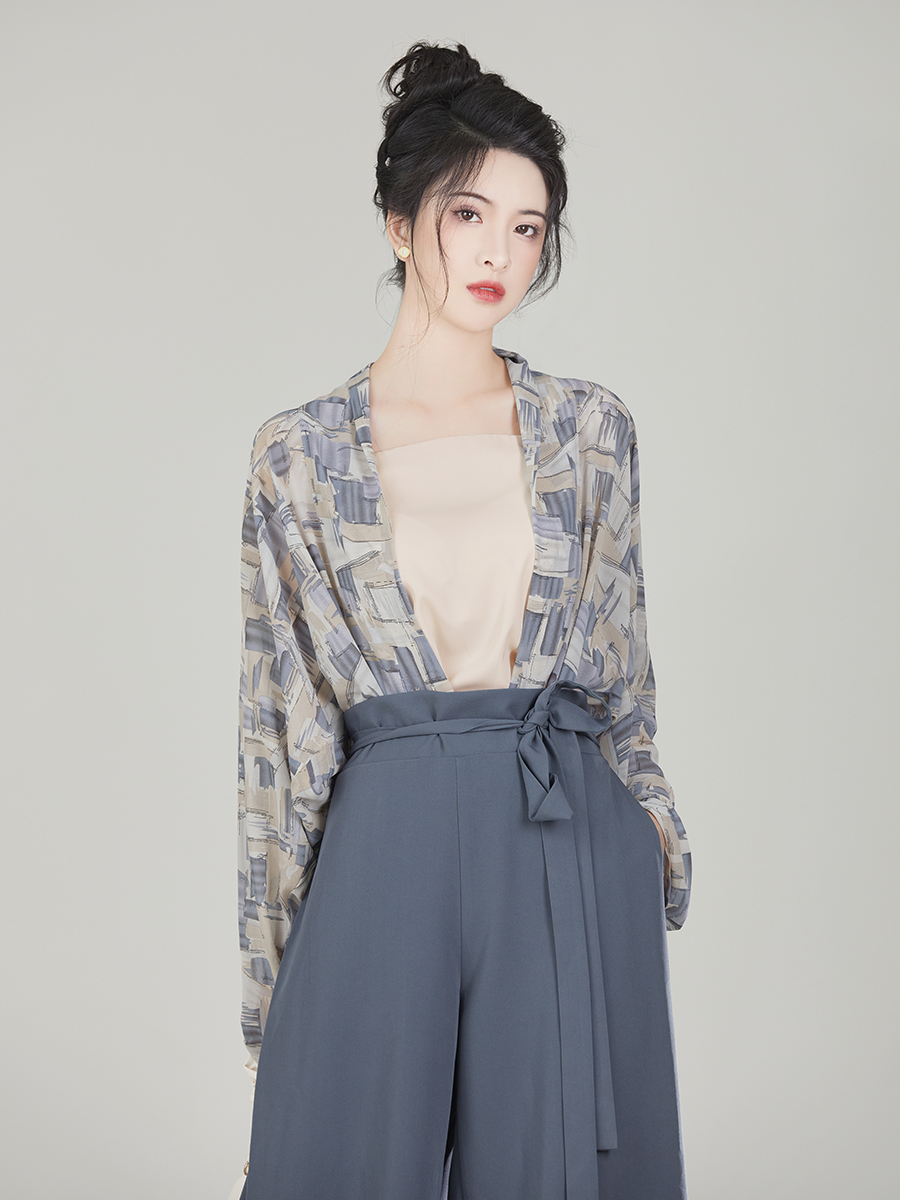 织造司 改良宋制汉服 阡陌 飞机袖+宋抹+宋裤 蓝色套装,299元(拍下立减,原价 314元)